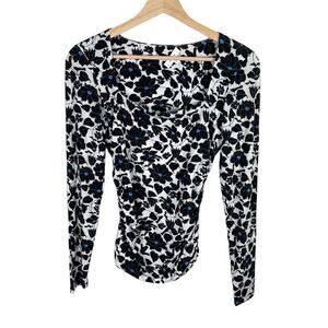 Reiss Jemima Floral Printed Ruched Jersey Long Sleeve Top Sz S White Black Blue